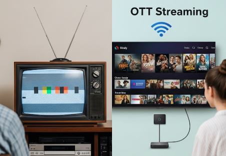 전통 TV와 OTT 서비스의 차이점을 보여주는 비교 이미지